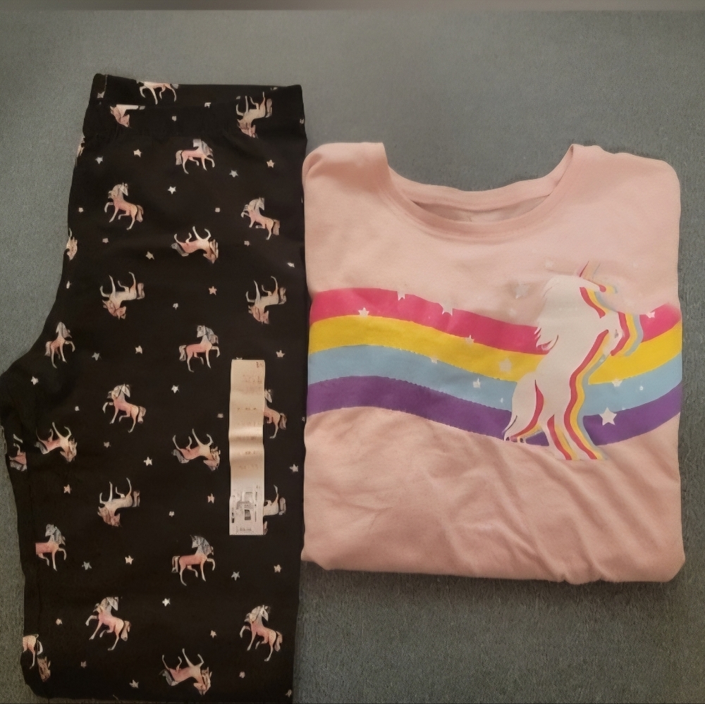 Unicorn Rainbow Leggings and Long Sleeve Top Set - Pink and Black Size 14/16